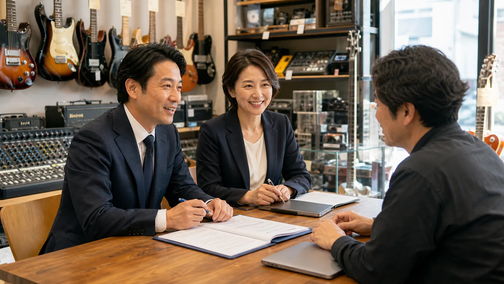 中古楽器店でギターや音響機材の在庫を確認しながらM&Aの事業承継を相談している様子