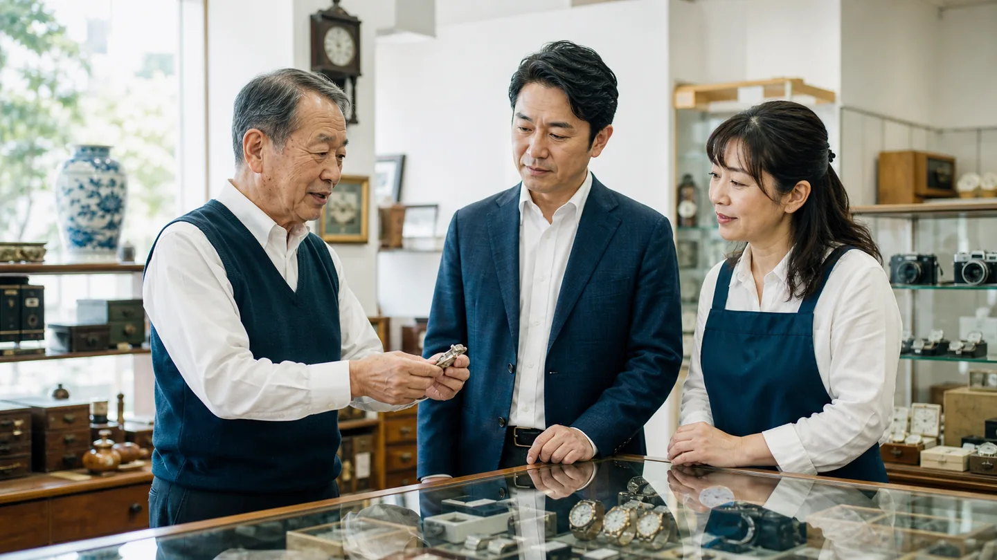 質屋 M&A 事例を読み解く地域質店の事業承継ミーティング（公開情報分析のイメージ）