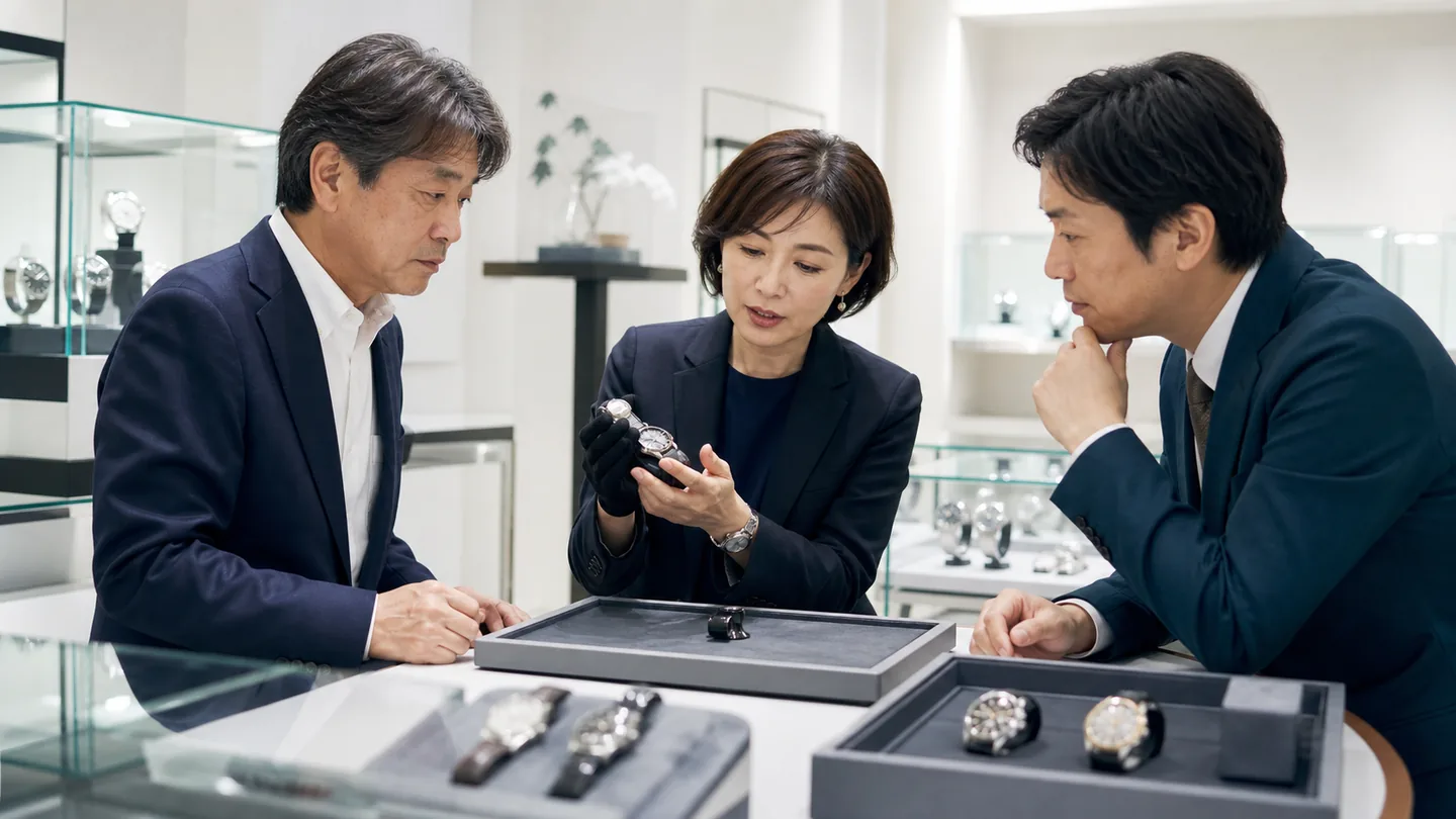 中古高級腕時計 M&A 事例を読み解く時計店経営者と投資担当者（公開情報分析のイメージ）