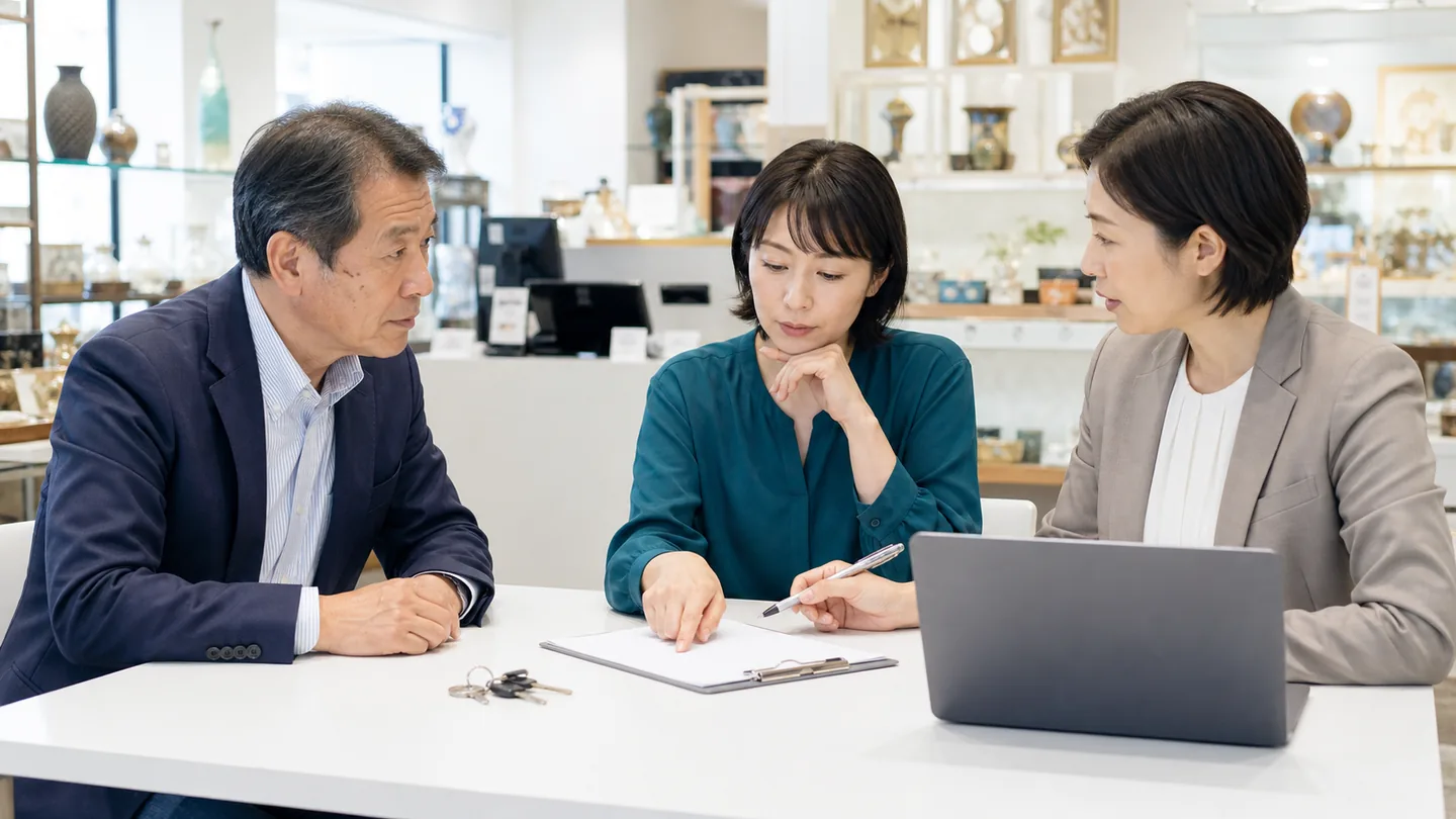 リユース品の査定と在庫データを確認するスタッフ（古物商 M&Aの検討イメージ）
