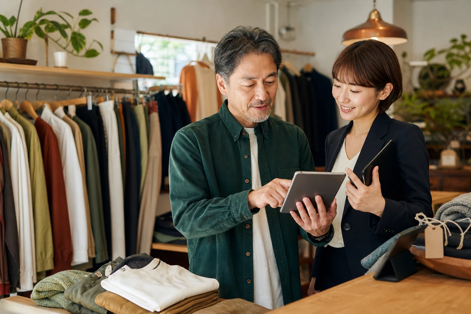 古着店の経営者とM&Aアドバイザーが販売・在庫を確認する様子（生成イメージ）