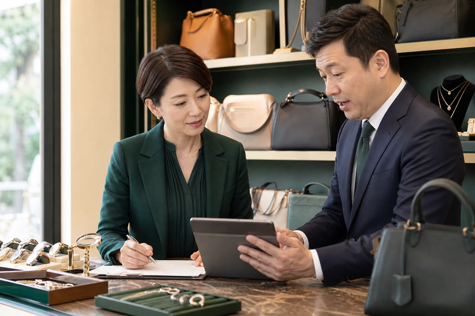 ブランド品・貴金属買取店の経営者とM&Aアドバイザーが在庫資料を確認する様子(生成イメージ)