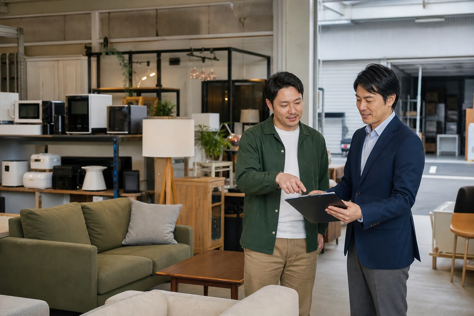 中古家具・家電店の経営者とM&Aアドバイザーが配送・在庫を確認する様子(生成イメージ)