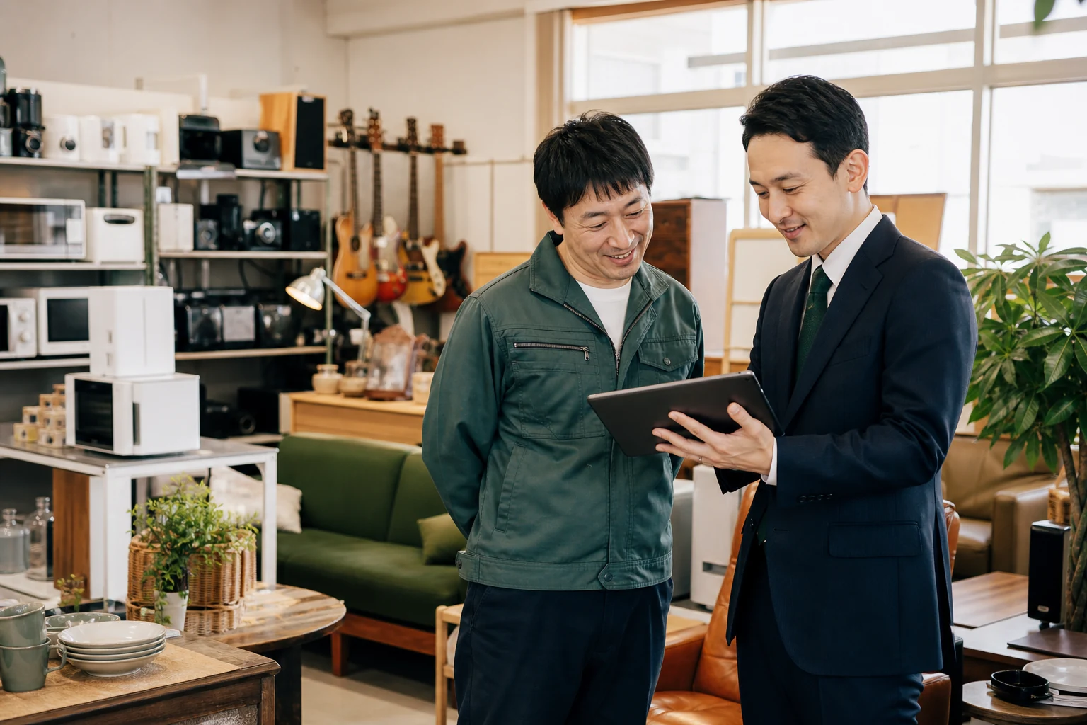 総合リサイクルショップの経営者とM&Aアドバイザーが店舗運営を確認する様子（生成イメージ）