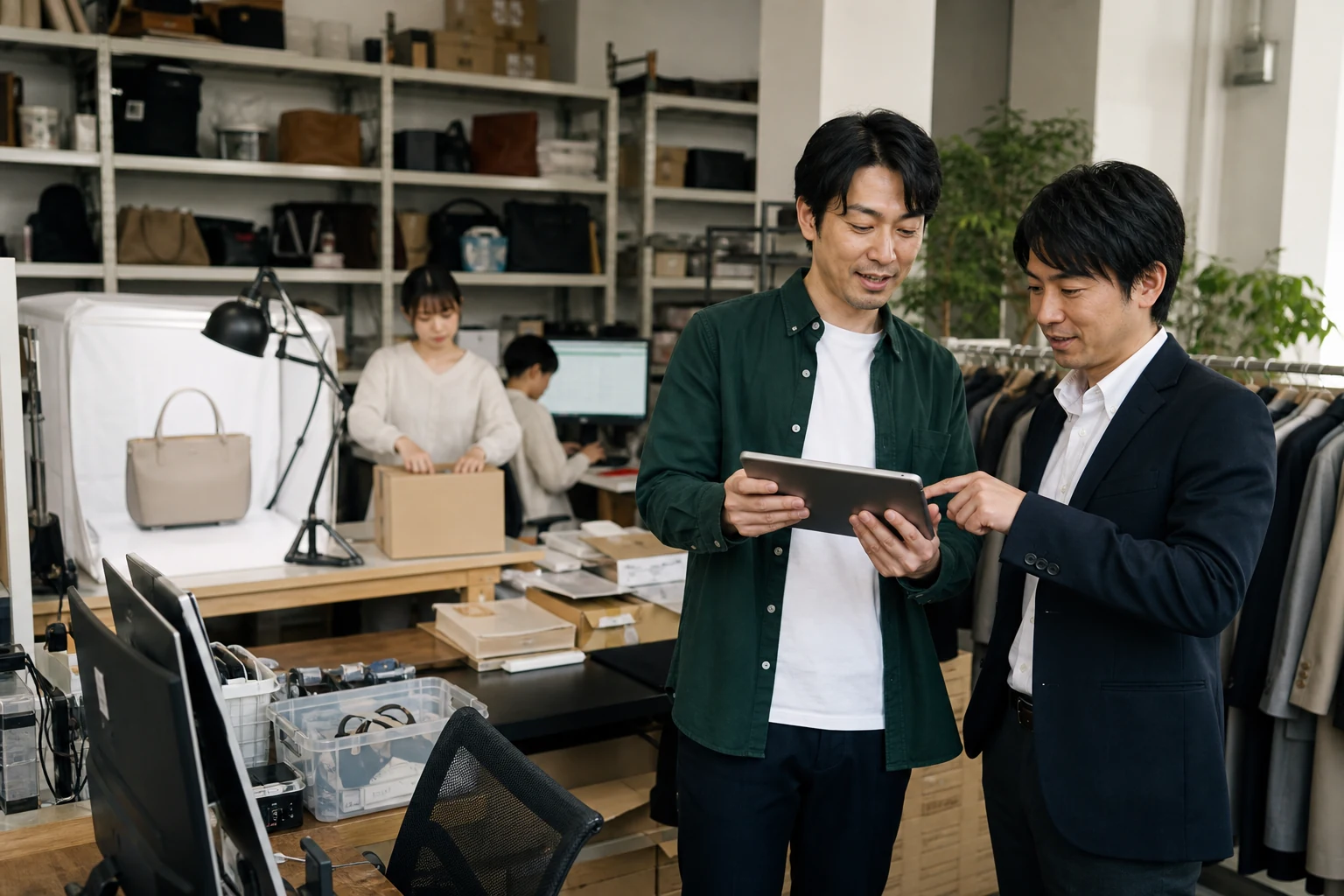 リユースEC運営者とM&Aアドバイザーが物流・販売指標を確認する様子(生成イメージ)