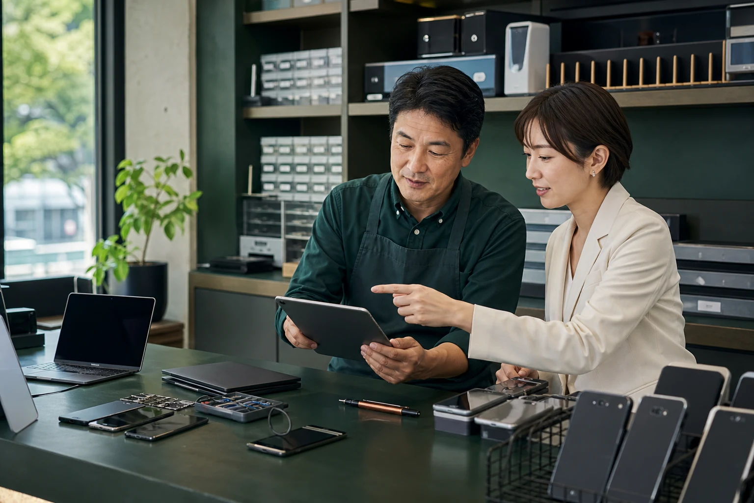 中古スマホ・PC店の経営者とM&Aアドバイザーが検品データを確認する様子（生成イメージ）