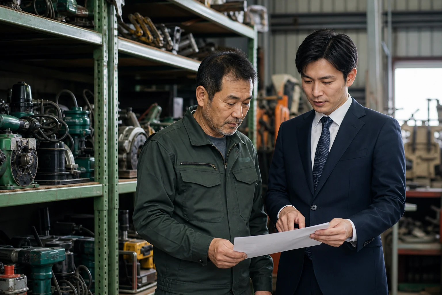 中古工具・機械倉庫の経営者とM&Aアドバイザーが在庫表を確認する様子(生成イメージ)