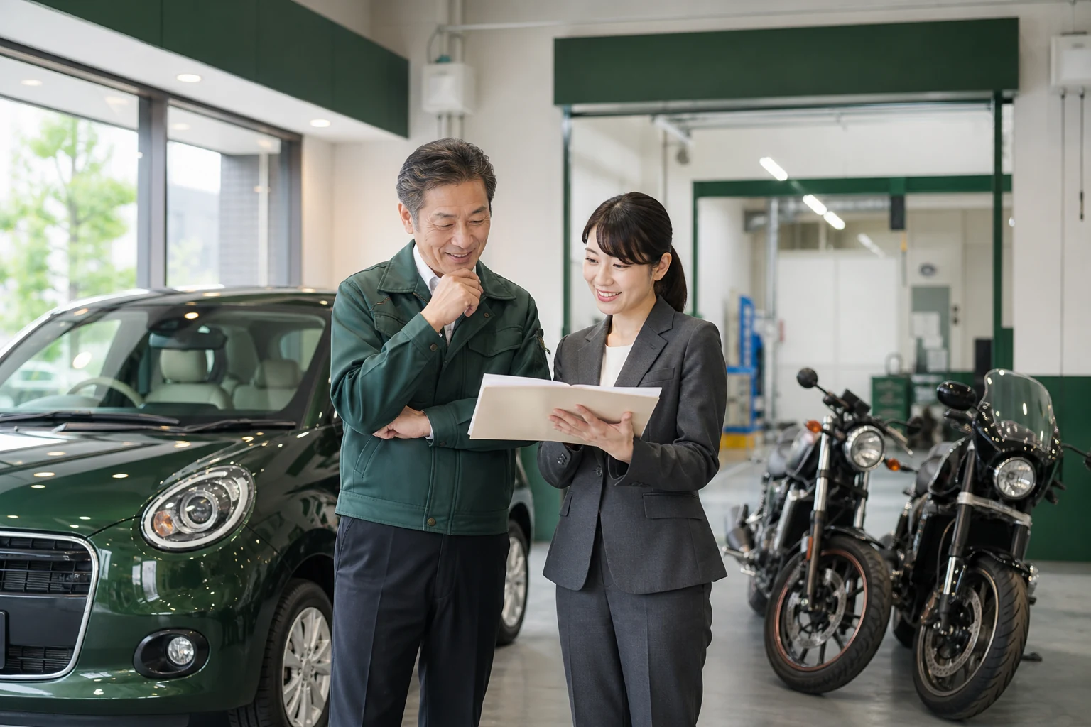 中古車・バイク店の経営者とM&Aアドバイザーが車両評価を確認する様子(生成イメージ)