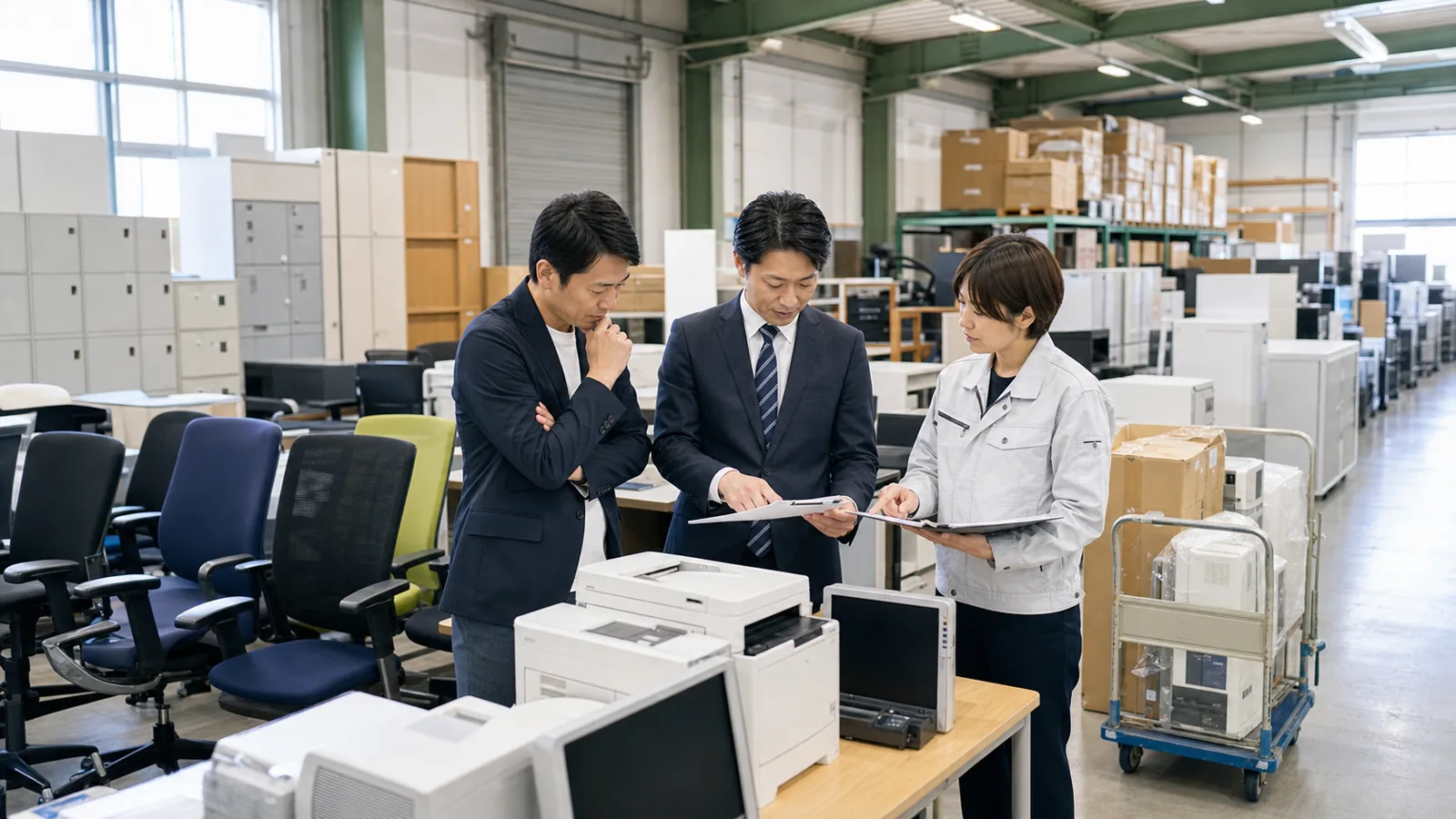 オフィス家具とOA機器のリユース倉庫で経営者とM&A担当者が在庫資料を確認している様子