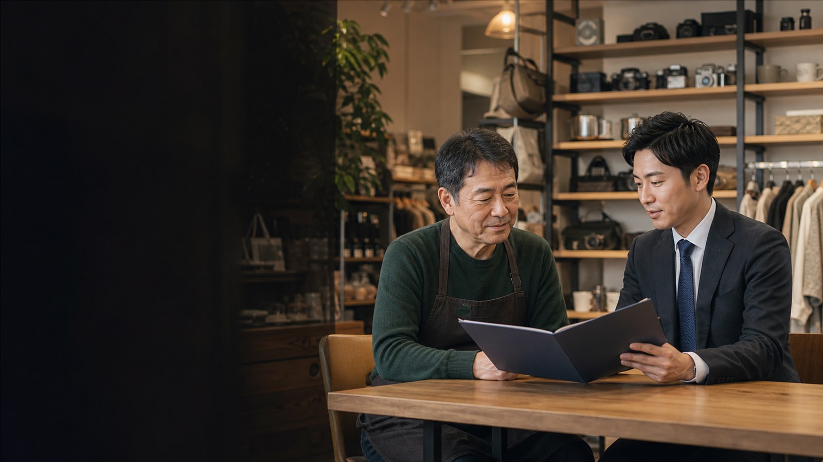 リユース事業の会社譲渡と事業承継について資料を確認する経営者と担当者