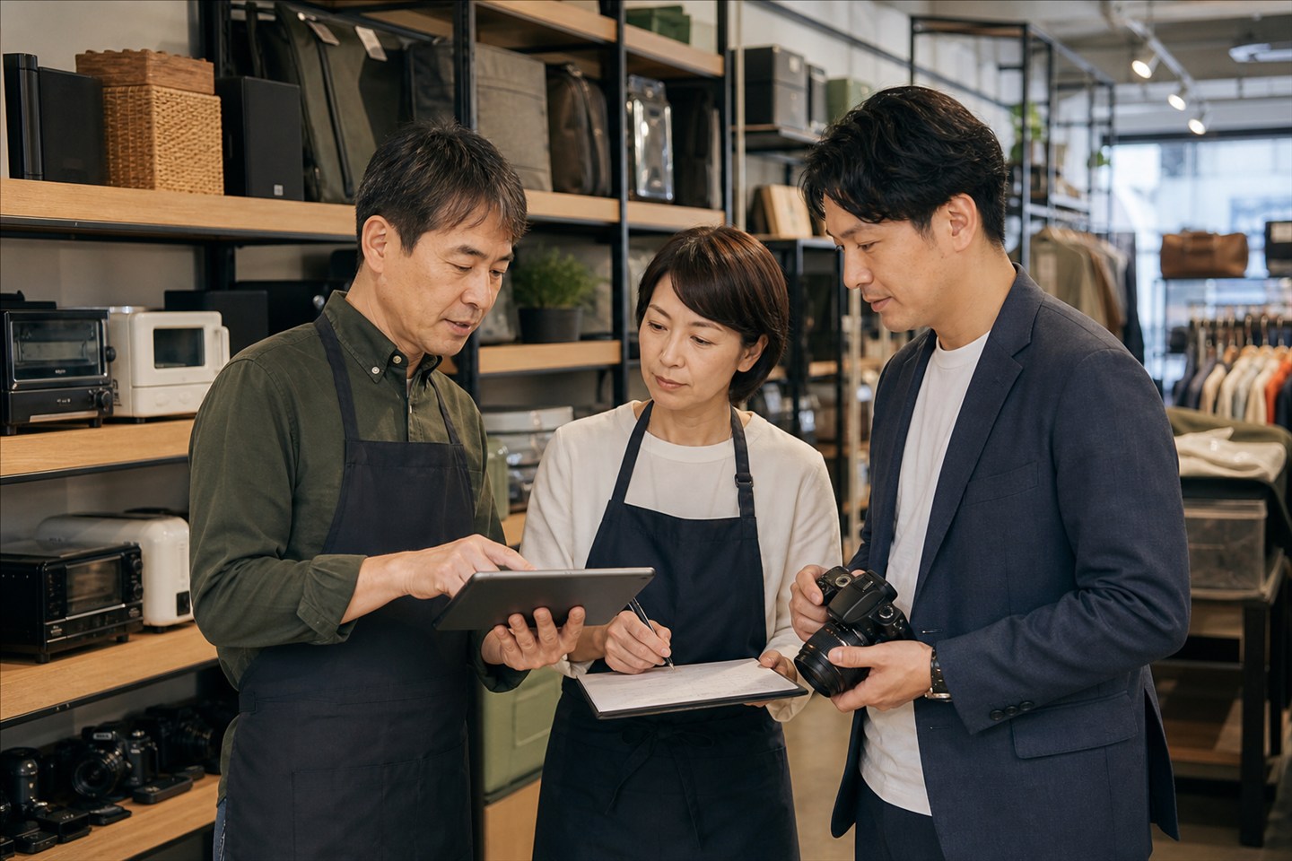 リユース店舗の在庫・契約・査定手順・人員配置を確認する経営者と承継担当者