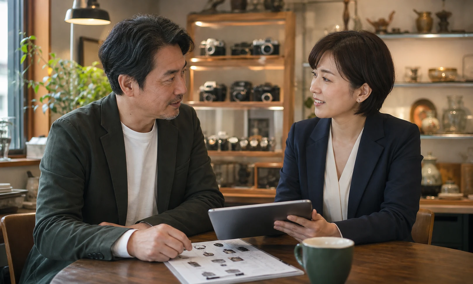 リユース店舗の経営者とM&Aアドバイザーが事業承継について相談する様子（生成イメージ）