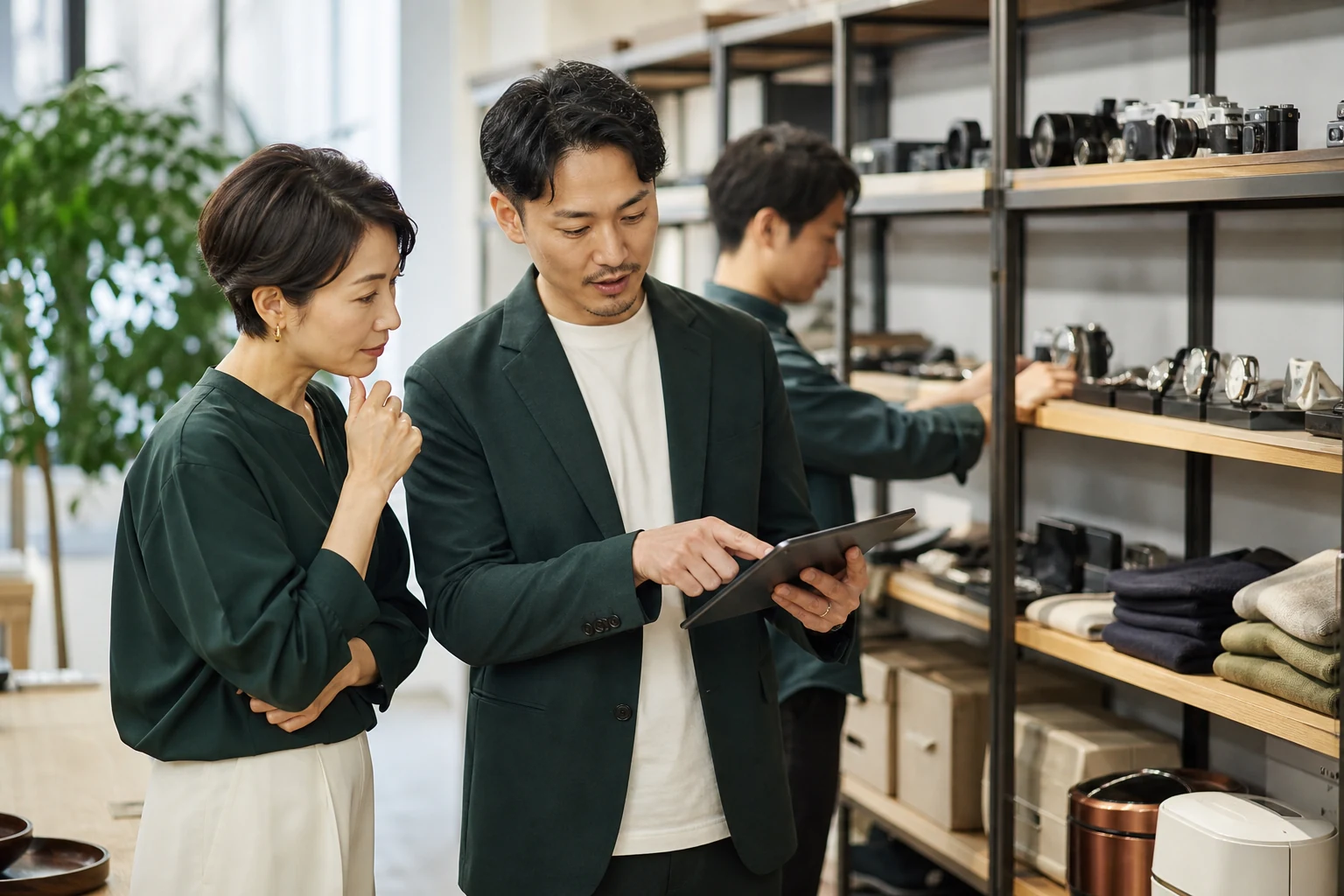 リユース店舗の在庫と査定情報を確認する経営者とスタッフ（生成イメージ）