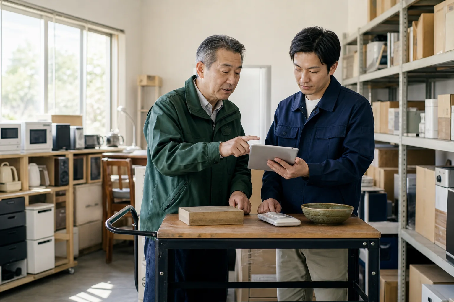経営者同士が在庫情報と引き継ぎ条件を確認する様子(イメージ)