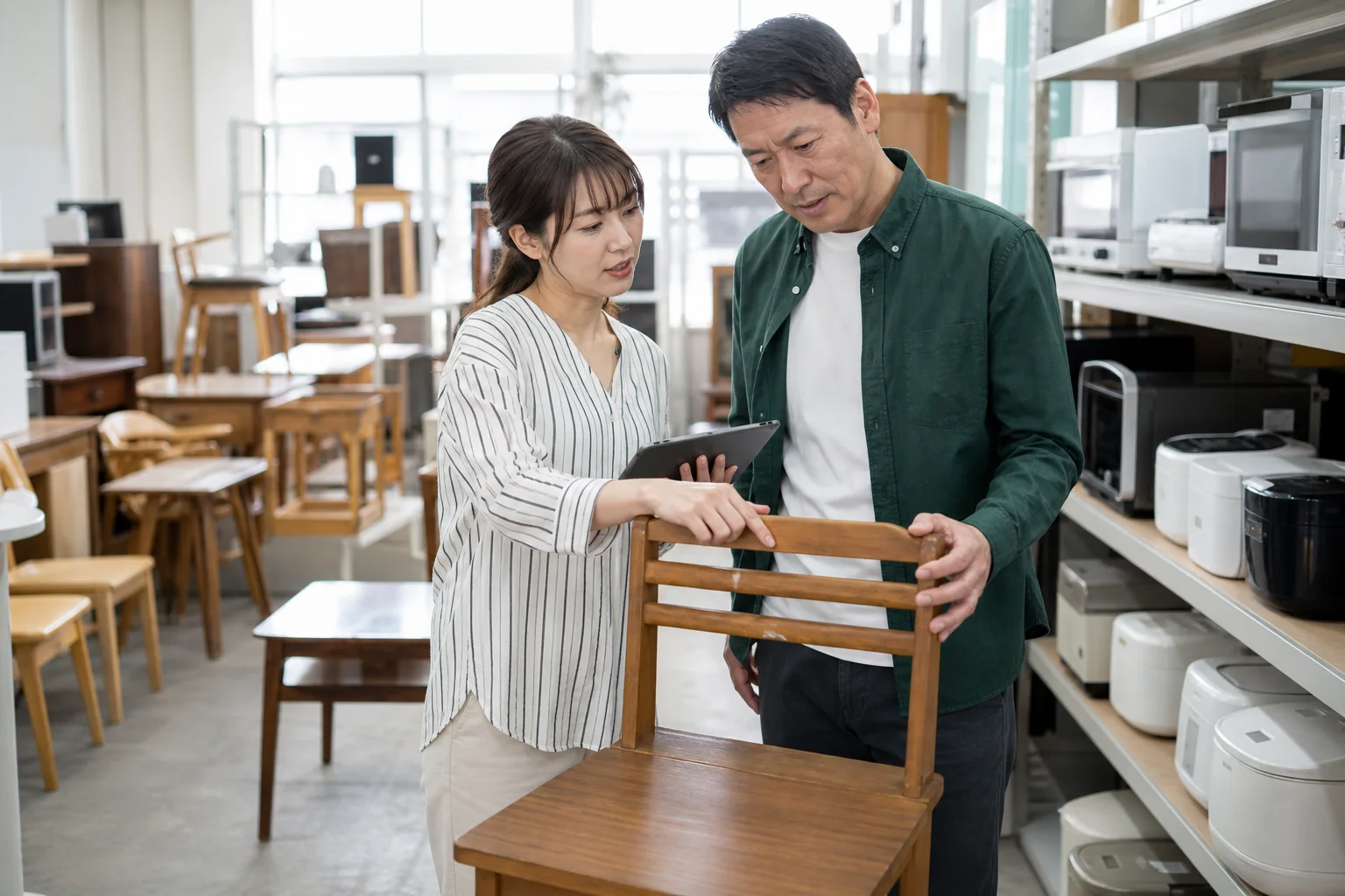 家具・家電リユース店の売場を確認する様子（イメージ）