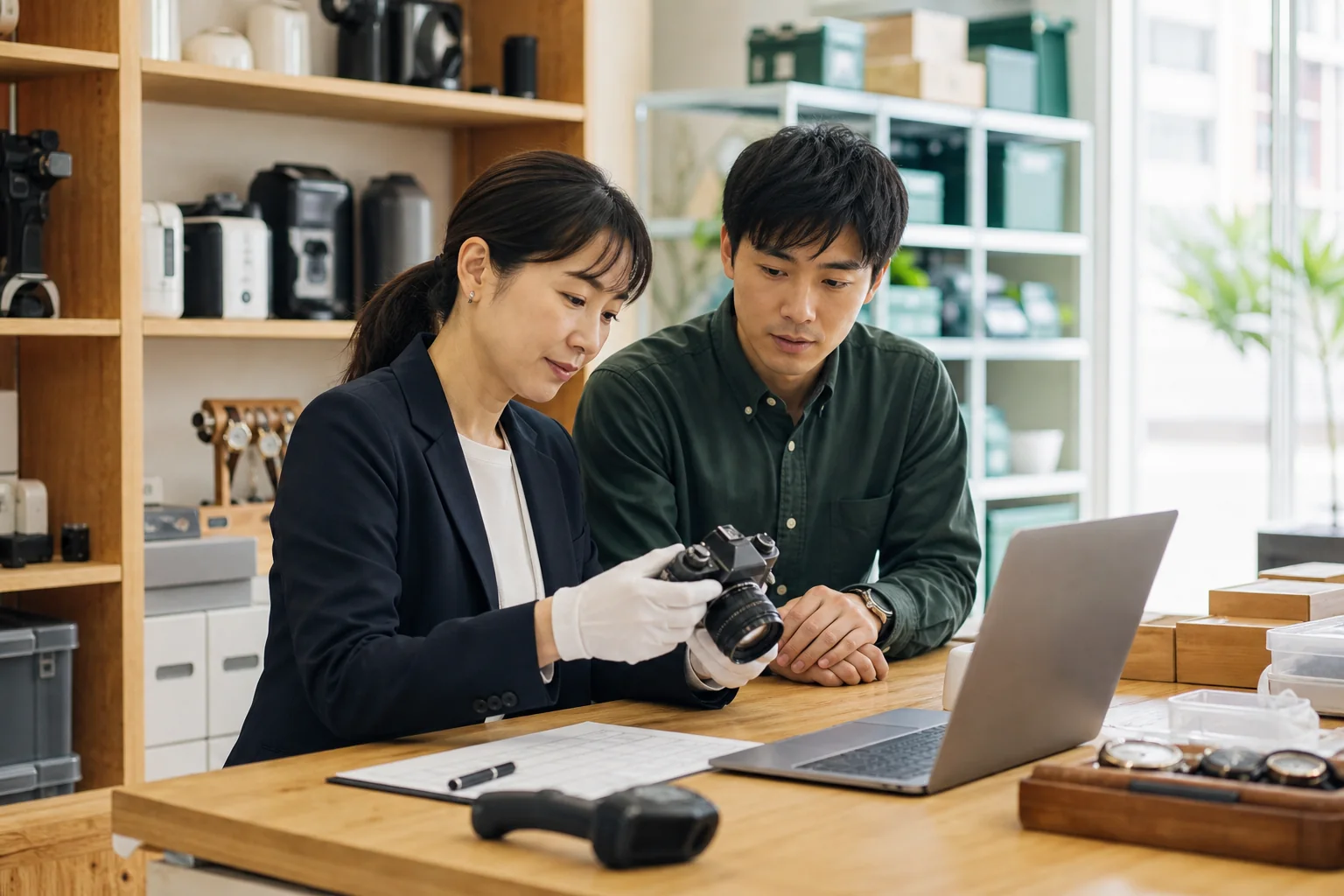 リユース品の査定と在庫データを確認するスタッフ（古物商 M&Aの検討イメージ）