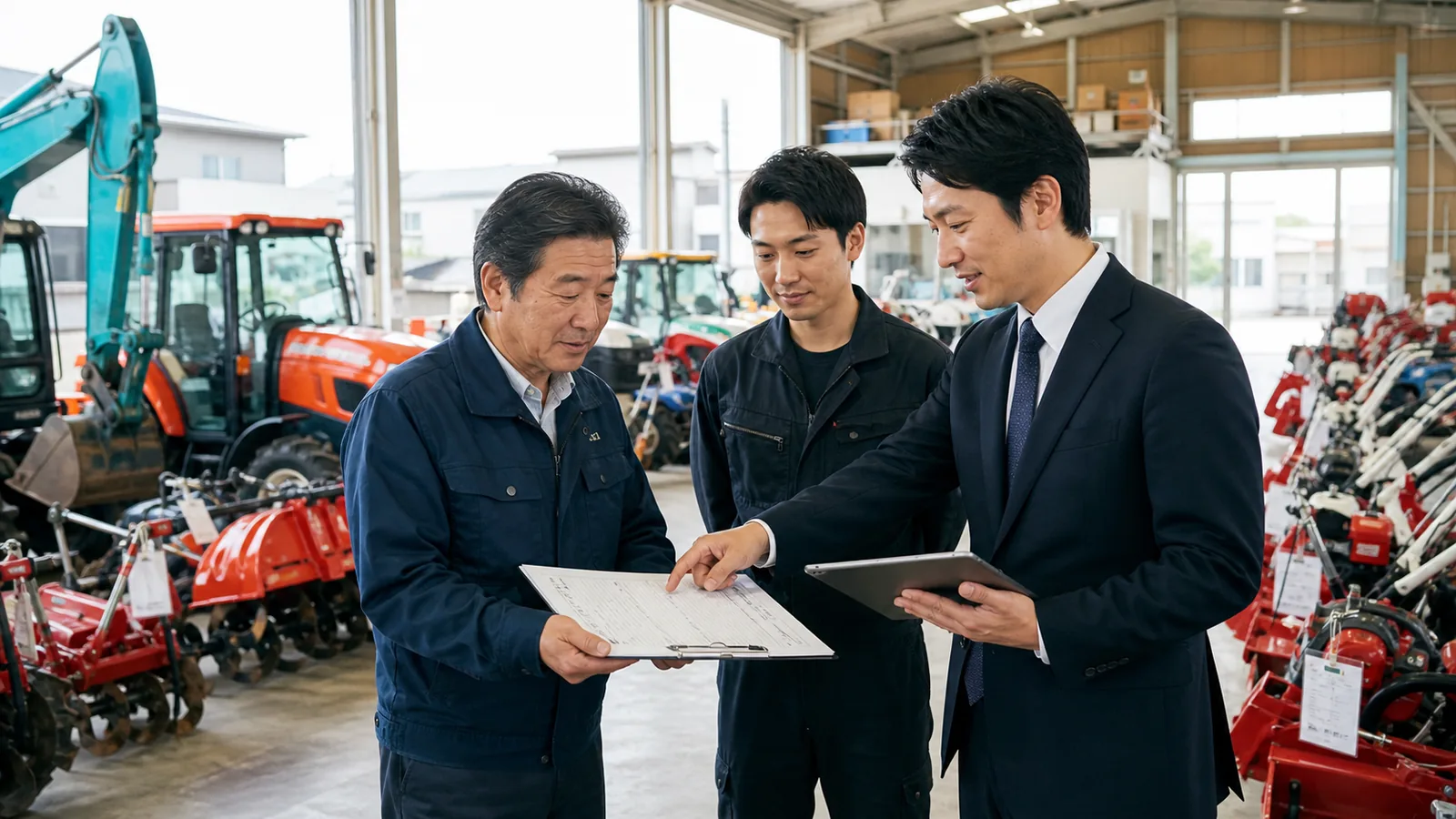 中古農機具と小型建機の倉庫で経営者とスタッフとM&A担当者が機器点検表を確認している様子