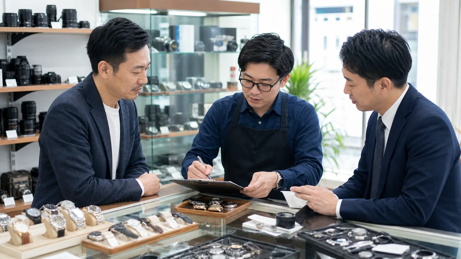 中古カメラと腕時計の買取店舗で経営者と査定スタッフとM&A担当者が付属品と査定記録を確認している様子